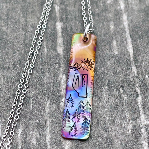 FLAME PAINTED ALBERTA MOUNTAIN SCENE NECKLACE